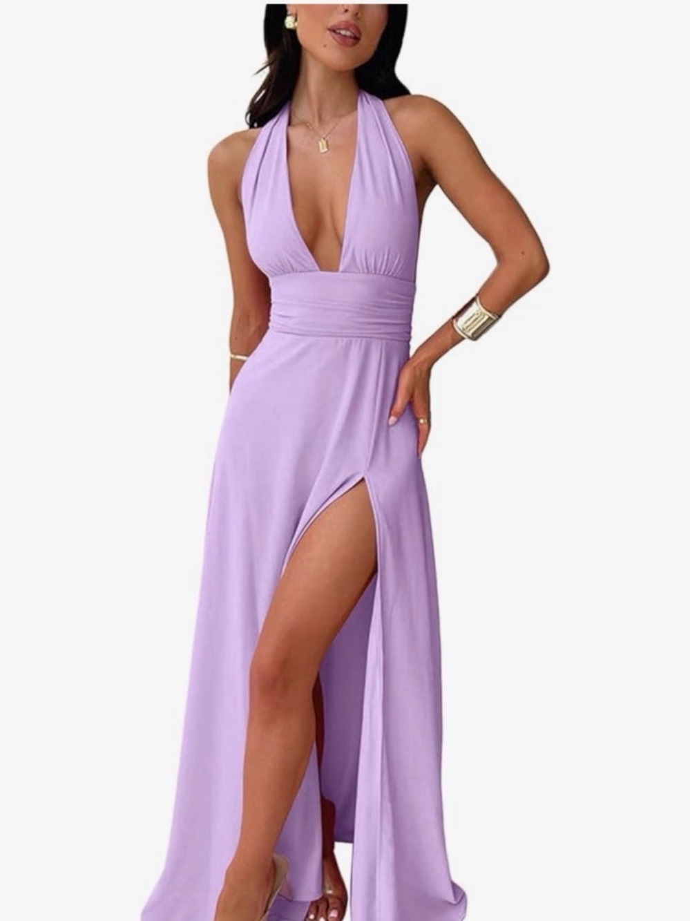 Amazon Lilac Halter Maxi Dress with Deep V and High Slit